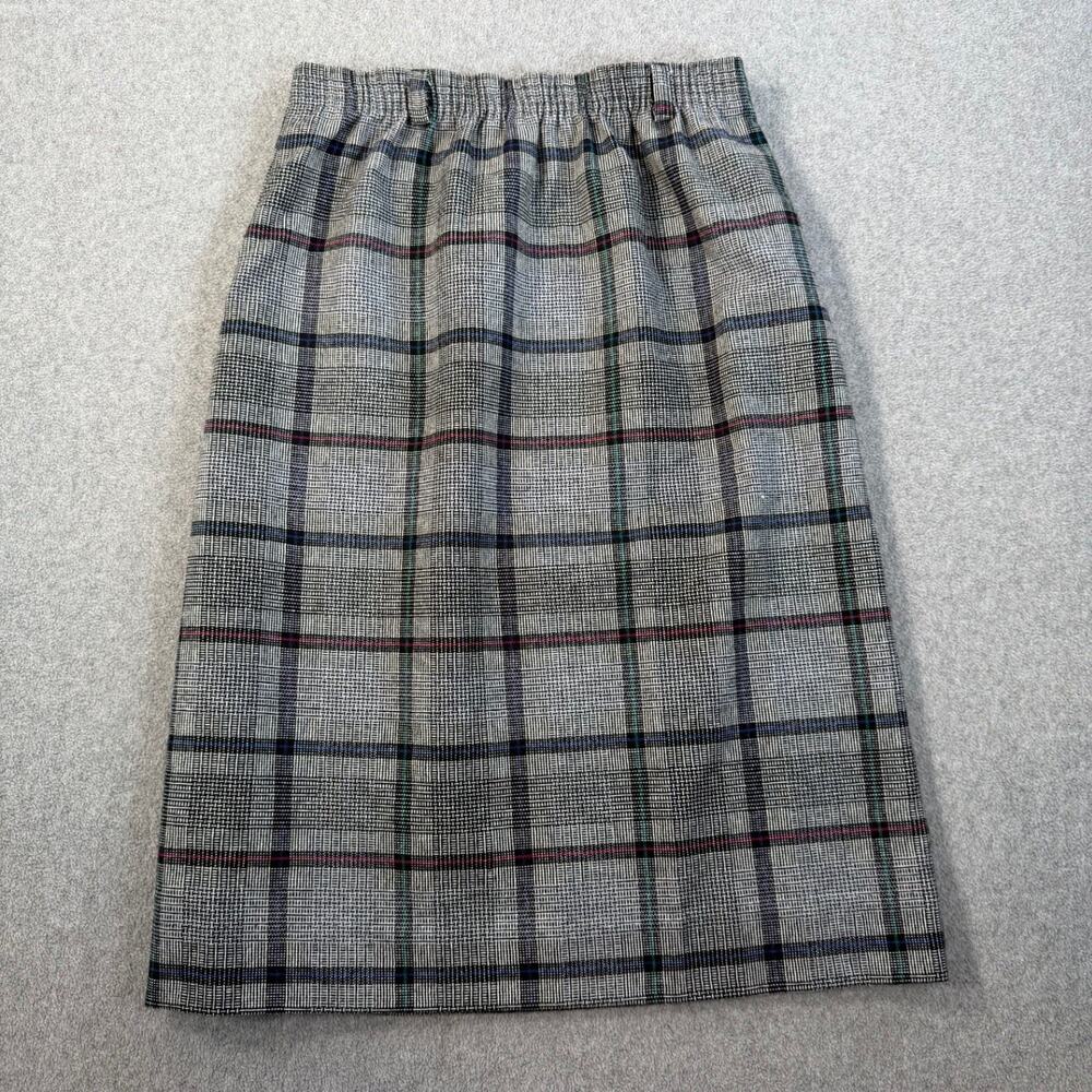 Ermane Women's 7-8 Plaid Pencil Skirt Gray Elastic Waist Wool Blend USA Vintage